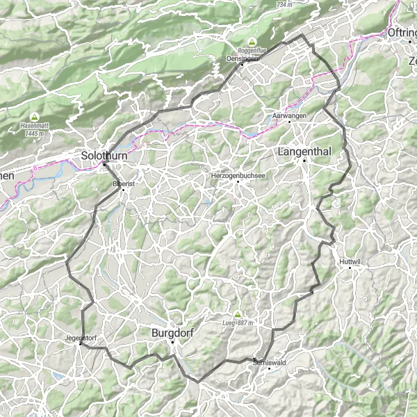 Miniatua del mapa de inspiración ciclista "Ruta en Carretera Britterenhubel - Münchringen" en Espace Mittelland, Switzerland. Generado por Tarmacs.app planificador de rutas ciclistas
