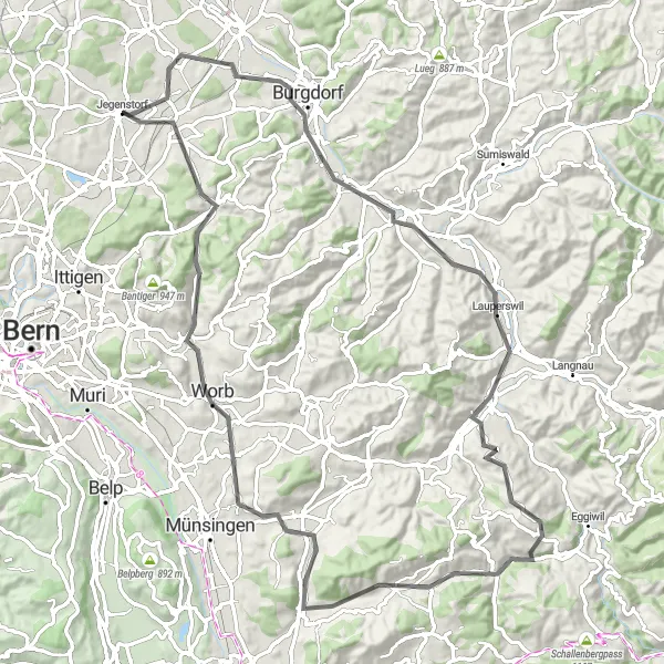 Miniatua del mapa de inspiración ciclista "Ruta de ciclismo de carretera Jegenstorf-Röthenbach-Konolfingen-Münchringen" en Espace Mittelland, Switzerland. Generado por Tarmacs.app planificador de rutas ciclistas
