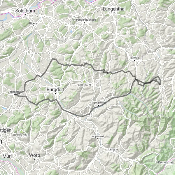 Zemljevid v pomanjšavi "Jegenstorf do Hindelbank" kolesarske inspiracije v Espace Mittelland, Switzerland. Generirano z načrtovalcem kolesarskih poti Tarmacs.app