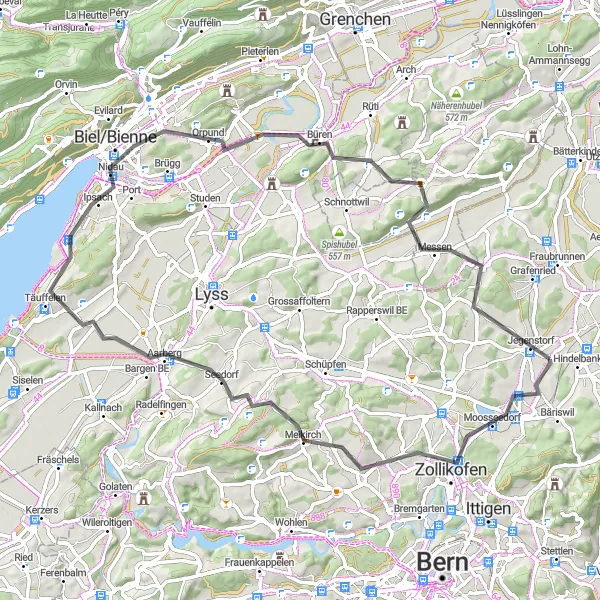 Miniatura della mappa di ispirazione al ciclismo "Giro in bicicletta su strada da Jegenstorf #3" nella regione di Espace Mittelland, Switzerland. Generata da Tarmacs.app, pianificatore di rotte ciclistiche