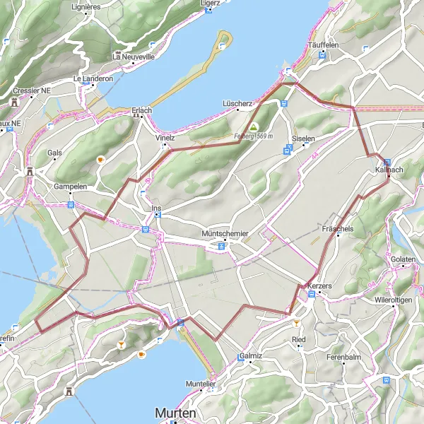Zemljevid v pomanjšavi "Kolesarska pot po podeželju okoli Kallnacha" kolesarske inspiracije v Espace Mittelland, Switzerland. Generirano z načrtovalcem kolesarskih poti Tarmacs.app
