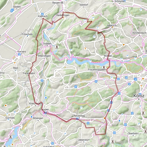 Karttaminiaatyyri "Kallnach - Radelfingen - Chutzenturm - Wohlen - Neuenegg - Laupen - Gurbrü" pyöräilyinspiraatiosta alueella Espace Mittelland, Switzerland. Luotu Tarmacs.app pyöräilyreittisuunnittelijalla