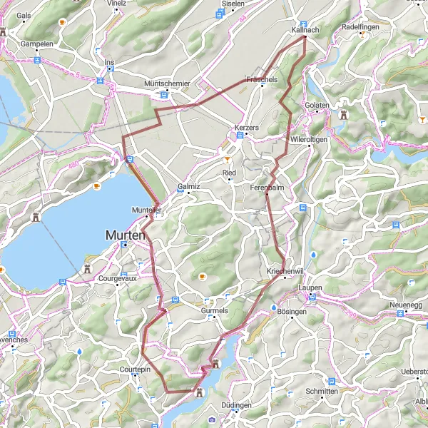 Karttaminiaatyyri "Kallnach - Ferenbalm - Bad Bonn - Courtepin - Point de vue sur le lac de Morat - Muntelier - Fräschels" pyöräilyinspiraatiosta alueella Espace Mittelland, Switzerland. Luotu Tarmacs.app pyöräilyreittisuunnittelijalla