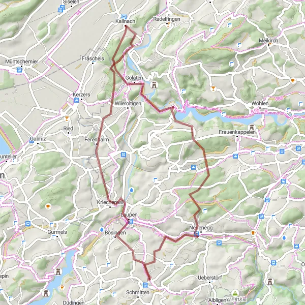 Zemljevid v pomanjšavi "Naravna pot do Niederried b. Kallnach" kolesarske inspiracije v Espace Mittelland, Switzerland. Generirano z načrtovalcem kolesarskih poti Tarmacs.app