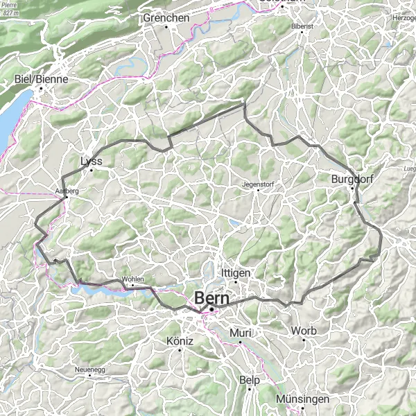 Zemljevid v pomanjšavi "Po poteh Bernske regije s kolesom" kolesarske inspiracije v Espace Mittelland, Switzerland. Generirano z načrtovalcem kolesarskih poti Tarmacs.app
