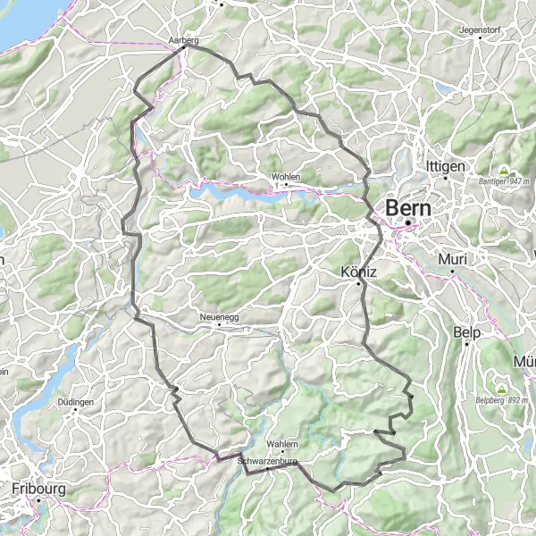 Zemljevid v pomanjšavi "Razgibana kolesarska avantura v bližini Kallnacha" kolesarske inspiracije v Espace Mittelland, Switzerland. Generirano z načrtovalcem kolesarskih poti Tarmacs.app