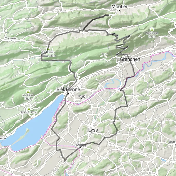 Miniaturní mapa "Náročná cyklostezka s atraktivními zastávkami" inspirace pro cyklisty v oblasti Espace Mittelland, Switzerland. Vytvořeno pomocí plánovače tras Tarmacs.app