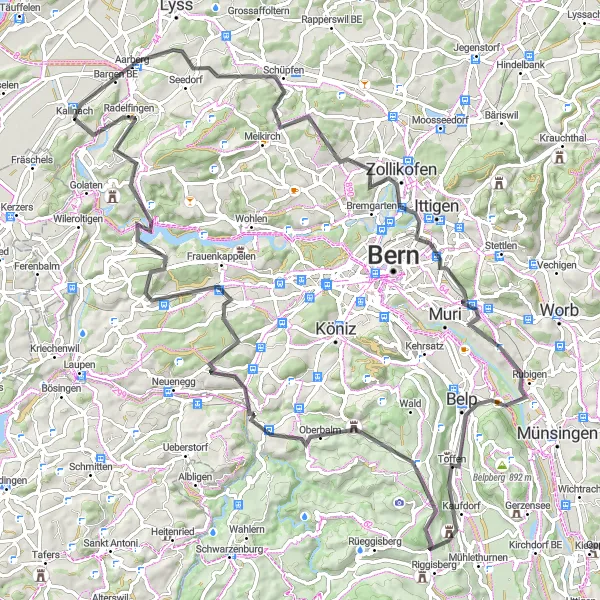 Miniaturní mapa "Náročná silniční cyklostezka kolem Kallnachu" inspirace pro cyklisty v oblasti Espace Mittelland, Switzerland. Vytvořeno pomocí plánovače tras Tarmacs.app