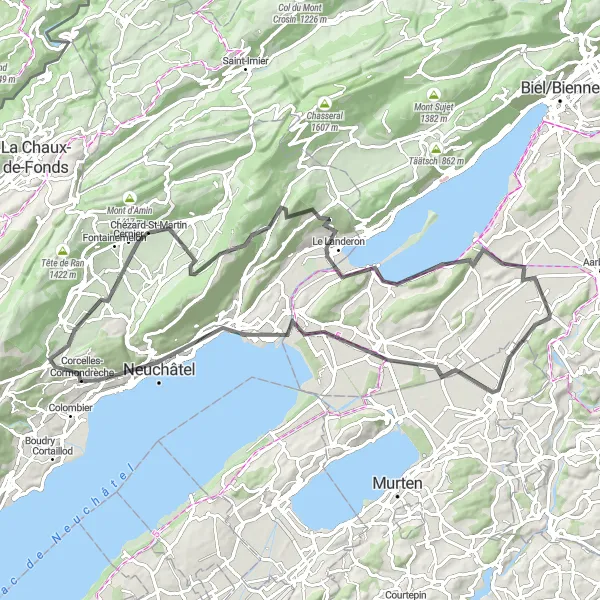 Karttaminiaatyyri "Kallnach - Kerzers - Rocher de l'Ermitage - Neuchâtel - Cernier - Aussichtspunkt - Erlach - Hagneck" pyöräilyinspiraatiosta alueella Espace Mittelland, Switzerland. Luotu Tarmacs.app pyöräilyreittisuunnittelijalla