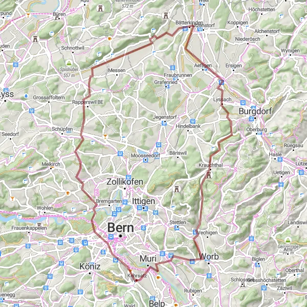 Miniatura della mappa di ispirazione al ciclismo "Tour del carcere e delle torri in pietra" nella regione di Espace Mittelland, Switzerland. Generata da Tarmacs.app, pianificatore di rotte ciclistiche