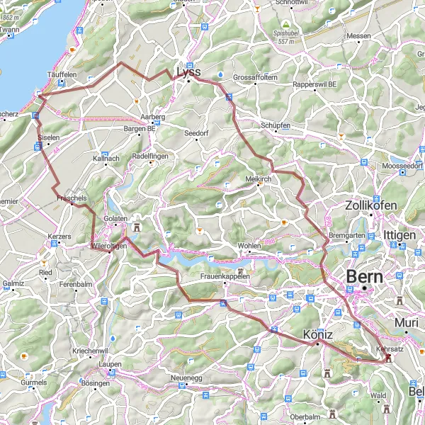 Kartminiatyr av "Grusväg runt Gurten" cykelinspiration i Espace Mittelland, Switzerland. Genererad av Tarmacs.app cykelruttplanerare