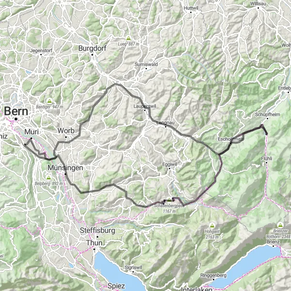 Karten-Miniaturansicht der Radinspiration "Hügeliges Land" in Espace Mittelland, Switzerland. Erstellt vom Tarmacs.app-Routenplaner für Radtouren