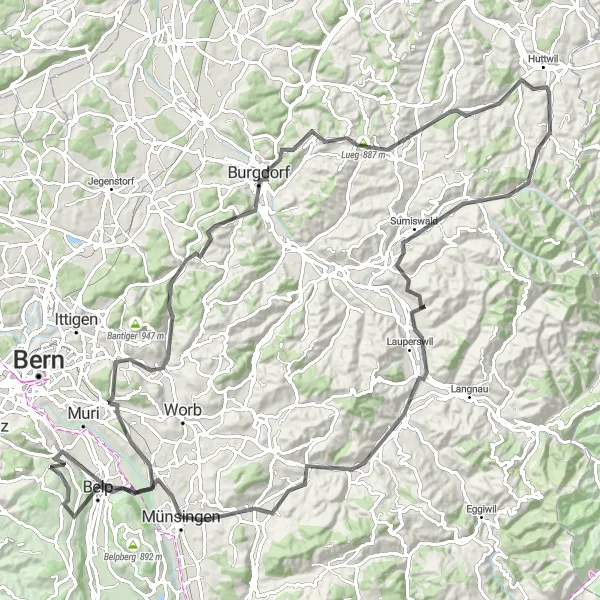 Miniatua del mapa de inspiración ciclista "Ruta de Carretera alrededor de Kehrsatz" en Espace Mittelland, Switzerland. Generado por Tarmacs.app planificador de rutas ciclistas