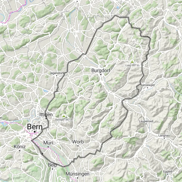 Zemljevid v pomanjšavi "Raziščite naravne lepote okoli Berna" kolesarske inspiracije v Espace Mittelland, Switzerland. Generirano z načrtovalcem kolesarskih poti Tarmacs.app