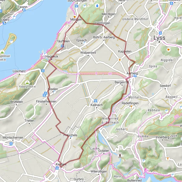 Miniaturní mapa "Gravelová trasa kolem jezer" inspirace pro cyklisty v oblasti Espace Mittelland, Switzerland. Vytvořeno pomocí plánovače tras Tarmacs.app