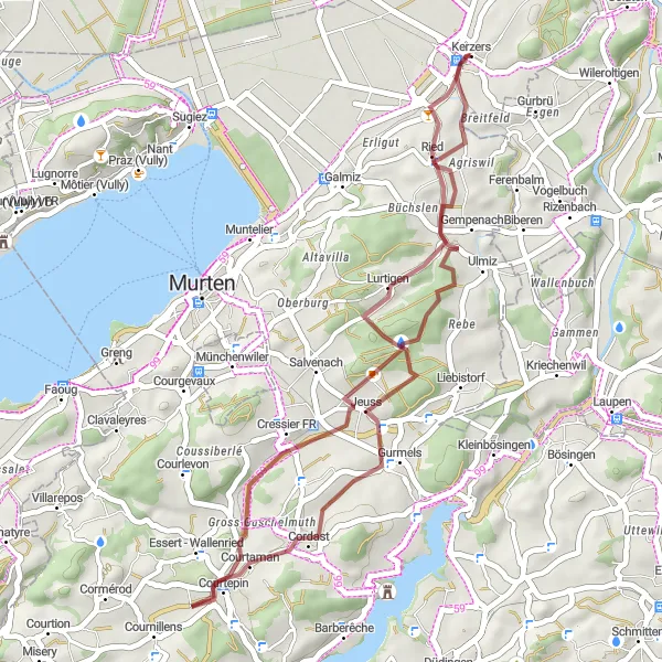 Zemljevid v pomanjšavi "Kerzers - Cressier FR - Jeuss - Ried - Kerzers" kolesarske inspiracije v Espace Mittelland, Switzerland. Generirano z načrtovalcem kolesarskih poti Tarmacs.app