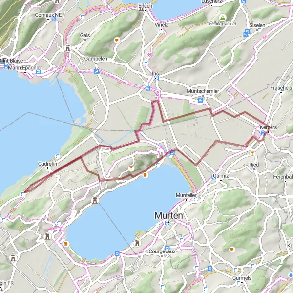 Miniatua del mapa de inspiración ciclista "Recorrido en bicicleta de grava desde Kerzers a Müntschemier" en Espace Mittelland, Switzerland. Generado por Tarmacs.app planificador de rutas ciclistas
