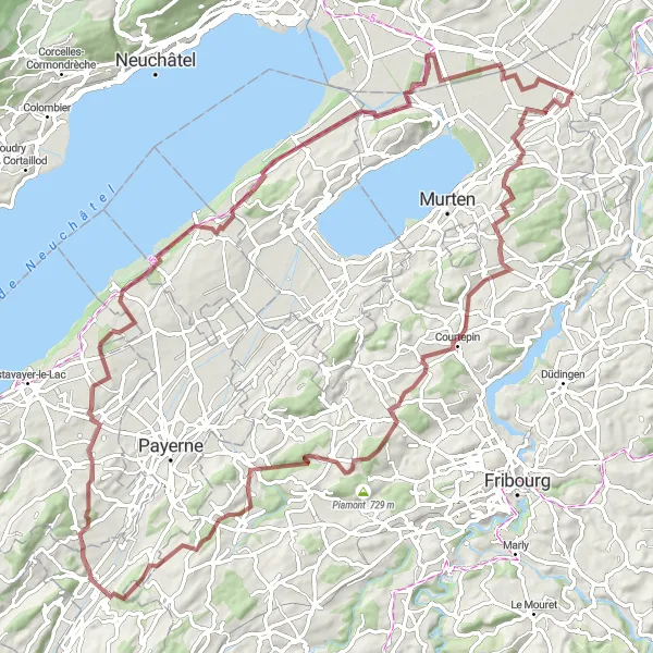 Miniatua del mapa de inspiración ciclista "Ruta de Grava a Salvenach y Mont Vully" en Espace Mittelland, Switzerland. Generado por Tarmacs.app planificador de rutas ciclistas