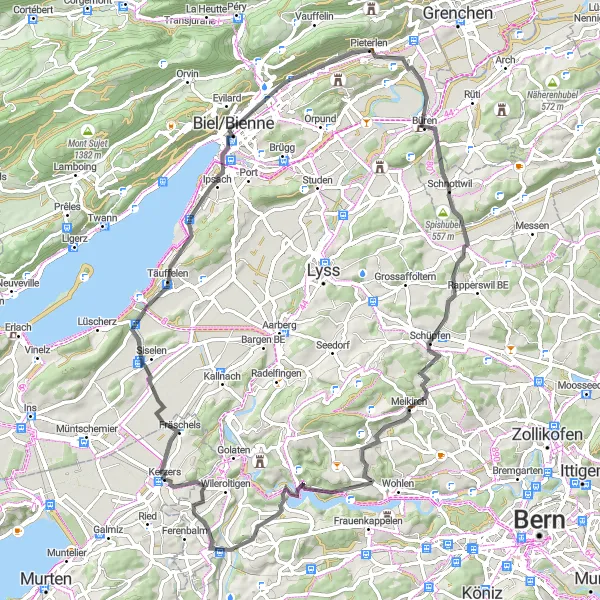 Zemljevid v pomanjšavi "Krožna kolesarska pot okoli Biela/Bienna" kolesarske inspiracije v Espace Mittelland, Switzerland. Generirano z načrtovalcem kolesarskih poti Tarmacs.app