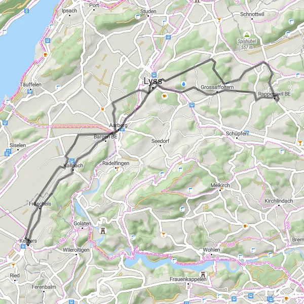 Zemljevid v pomanjšavi "Kolesarska pot okoli Kerzersa - cesta" kolesarske inspiracije v Espace Mittelland, Switzerland. Generirano z načrtovalcem kolesarskih poti Tarmacs.app