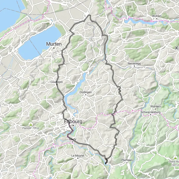 Miniatua del mapa de inspiración ciclista "Vuelta de ciclismo desde Kerzers a Giffers y de regreso" en Espace Mittelland, Switzerland. Generado por Tarmacs.app planificador de rutas ciclistas