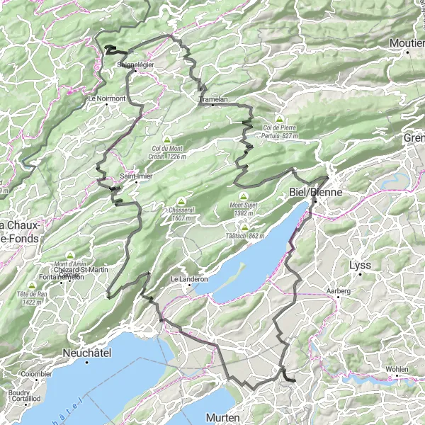 Mapa miniatúra "Jura Heights" cyklistická inšpirácia v Espace Mittelland, Switzerland. Vygenerované cyklistickým plánovačom trás Tarmacs.app