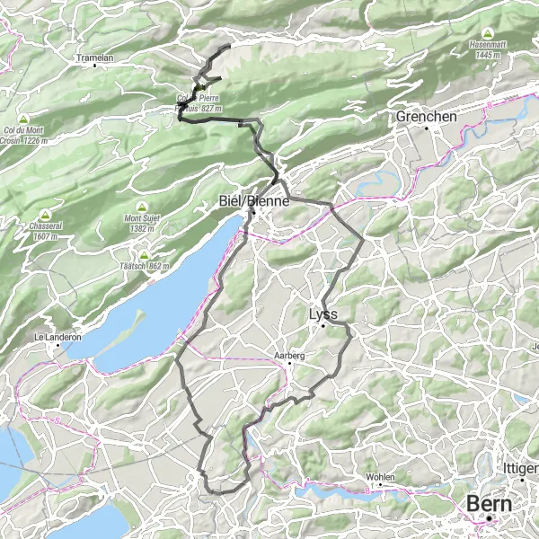 Miniatura della mappa di ispirazione al ciclismo "Tour su strada da Kerzers a Gurbrü" nella regione di Espace Mittelland, Switzerland. Generata da Tarmacs.app, pianificatore di rotte ciclistiche