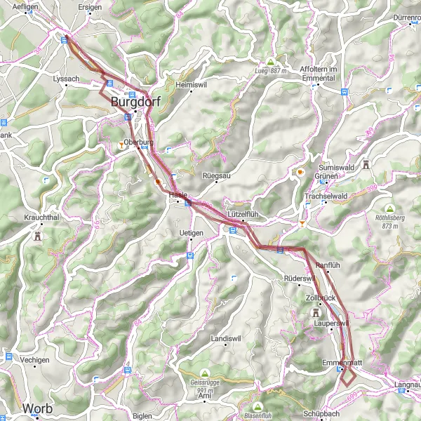 Miniatura della mappa di ispirazione al ciclismo "Esplorazione storica tra Burgdorf e Kirchberg" nella regione di Espace Mittelland, Switzerland. Generata da Tarmacs.app, pianificatore di rotte ciclistiche