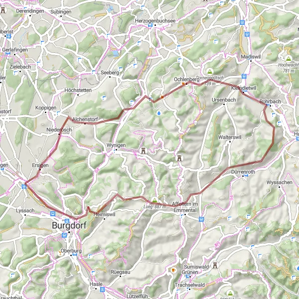 Miniatua del mapa de inspiración ciclista "Ruta de Grava hacia Ruedisberg" en Espace Mittelland, Switzerland. Generado por Tarmacs.app planificador de rutas ciclistas