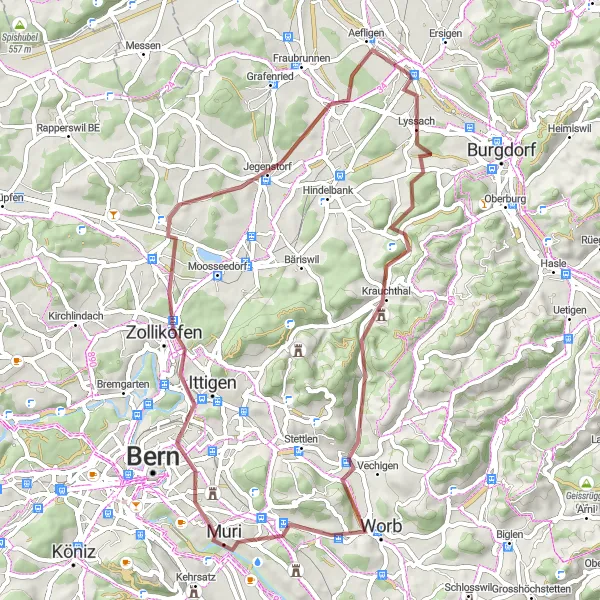 Miniatua del mapa de inspiración ciclista "Ruta de Grava hacia Aefligen" en Espace Mittelland, Switzerland. Generado por Tarmacs.app planificador de rutas ciclistas
