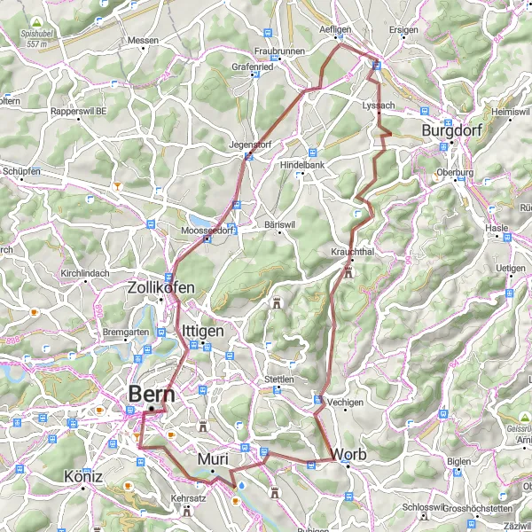 Miniaturekort af cykelinspirationen "Eyberg til Kirchberg Grusvej Rundtur" i Espace Mittelland, Switzerland. Genereret af Tarmacs.app cykelruteplanlægger