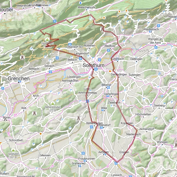 Miniatua del mapa de inspiración ciclista "Aventurera ruta en gravilla a Ersigen" en Espace Mittelland, Switzerland. Generado por Tarmacs.app planificador de rutas ciclistas