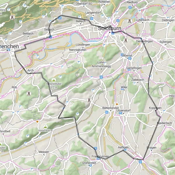 Mapa miniatúra "Cyklistická trasa Fraubrunnen Loop" cyklistická inšpirácia v Espace Mittelland, Switzerland. Vygenerované cyklistickým plánovačom trás Tarmacs.app