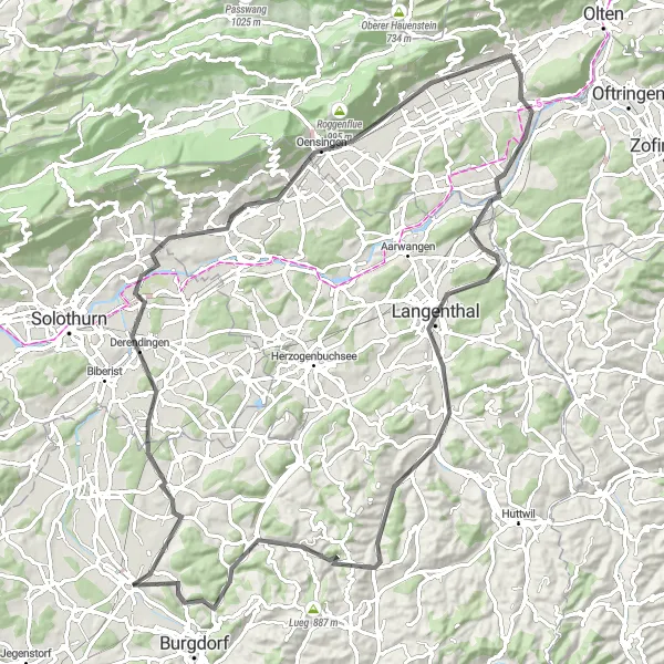 Kartminiatyr av "Rullande landsvägar i närheten av Kirchberg" cykelinspiration i Espace Mittelland, Switzerland. Genererad av Tarmacs.app cykelruttplanerare