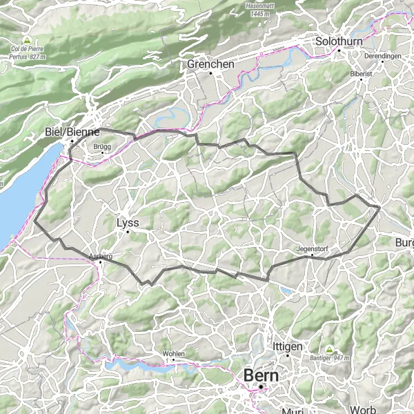 Miniatura della mappa di ispirazione al ciclismo "Tour panoramico tra Jegenstorf e Biel/Bienne" nella regione di Espace Mittelland, Switzerland. Generata da Tarmacs.app, pianificatore di rotte ciclistiche