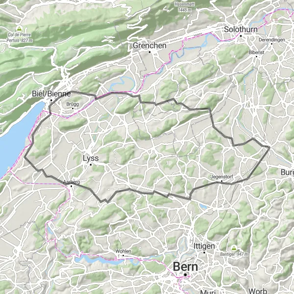 Karttaminiaatyyri "Maaseudun tunnelmia Jegenstorfin ympäristössä" pyöräilyinspiraatiosta alueella Espace Mittelland, Switzerland. Luotu Tarmacs.app pyöräilyreittisuunnittelijalla