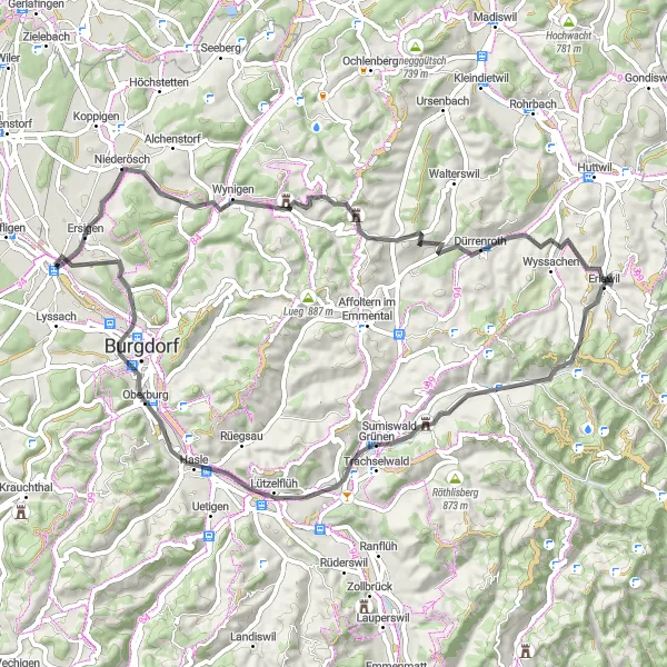 Mapa miniatúra "Cyklistická trasa okolo Kirchbergu" cyklistická inšpirácia v Espace Mittelland, Switzerland. Vygenerované cyklistickým plánovačom trás Tarmacs.app