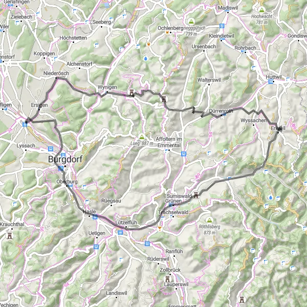 Karten-Miniaturansicht der Radinspiration "Hügelige Straßen in der Nähe von Kirchberg" in Espace Mittelland, Switzerland. Erstellt vom Tarmacs.app-Routenplaner für Radtouren