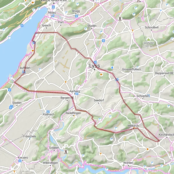 Miniaturní mapa "Gravelový výlet okolo jezera Biel" inspirace pro cyklisty v oblasti Espace Mittelland, Switzerland. Vytvořeno pomocí plánovače tras Tarmacs.app