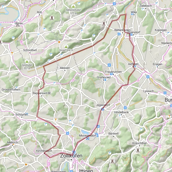 Map miniature of "Rapperswil BE to Zollikofen Gravel Ride" cycling inspiration in Espace Mittelland, Switzerland. Generated by Tarmacs.app cycling route planner