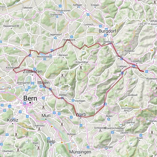 Miniatuurkaart van de fietsinspiratie "Gravelroute rond Kirchlindach" in Espace Mittelland, Switzerland. Gemaakt door de Tarmacs.app fietsrouteplanner