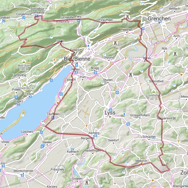 Kartminiatyr av "Grusvei-Eventyrruten fra Kirchlindach til Rapperswil BE" sykkelinspirasjon i Espace Mittelland, Switzerland. Generert av Tarmacs.app sykkelrutoplanlegger