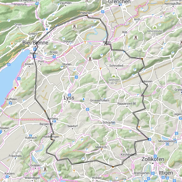 Miniaturní mapa "Silniční Kruh okolo Kirchlindachu" inspirace pro cyklisty v oblasti Espace Mittelland, Switzerland. Vytvořeno pomocí plánovače tras Tarmacs.app