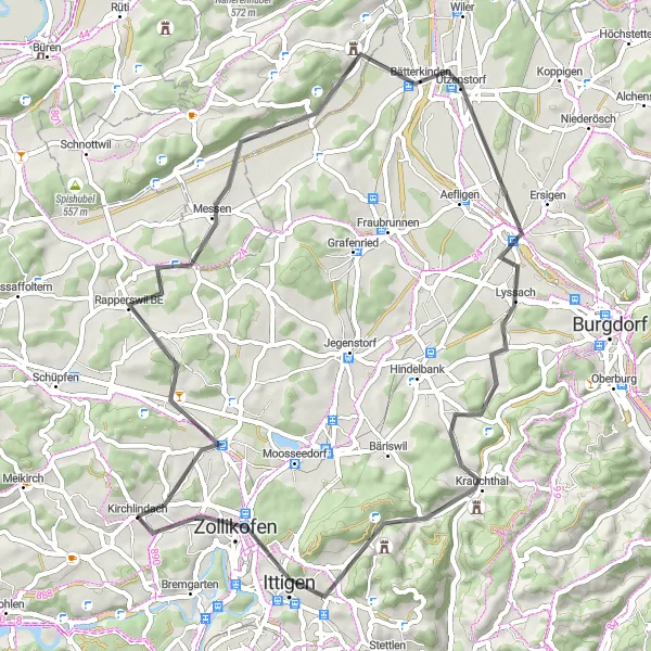 Miniatura della mappa di ispirazione al ciclismo "Circuito delle valli intorno a Rapperswil BE" nella regione di Espace Mittelland, Switzerland. Generata da Tarmacs.app, pianificatore di rotte ciclistiche