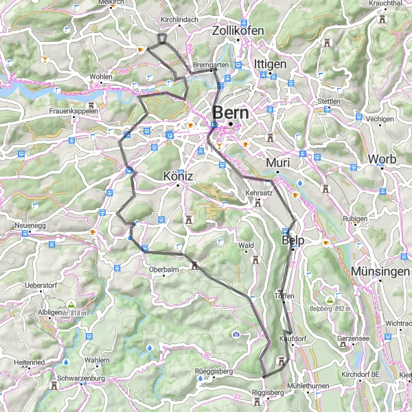 Miniature de la carte de l'inspiration cycliste "Boucle de Muri" dans la Espace Mittelland, Switzerland. Générée par le planificateur d'itinéraire cycliste Tarmacs.app