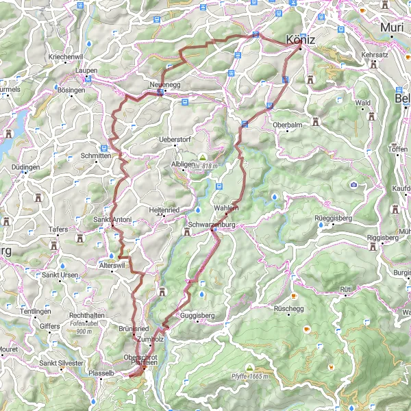 Miniaturekort af cykelinspirationen "Schwandehubel og Sankt Antoni Grusvej Cykelrute" i Espace Mittelland, Switzerland. Genereret af Tarmacs.app cykelruteplanlægger