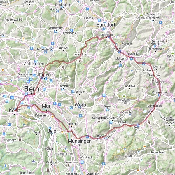 Miniaturní mapa "Trasa s výhledy z Espace Mittelland" inspirace pro cyklisty v oblasti Espace Mittelland, Switzerland. Vytvořeno pomocí plánovače tras Tarmacs.app