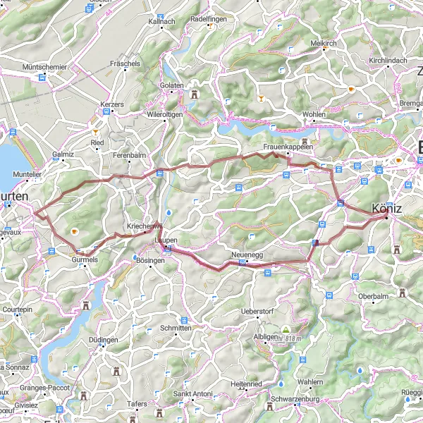 Zemljevid v pomanjšavi "Pisana kolesarska pot v okolici Köniza" kolesarske inspiracije v Espace Mittelland, Switzerland. Generirano z načrtovalcem kolesarskih poti Tarmacs.app
