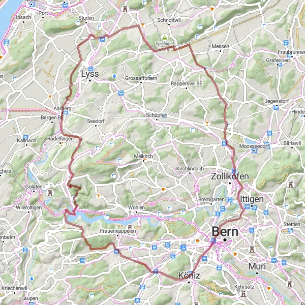 Mapa miniatúra "Gravel Könizberg - Aarberg - Büetigen - Köniz" cyklistická inšpirácia v Espace Mittelland, Switzerland. Vygenerované cyklistickým plánovačom trás Tarmacs.app