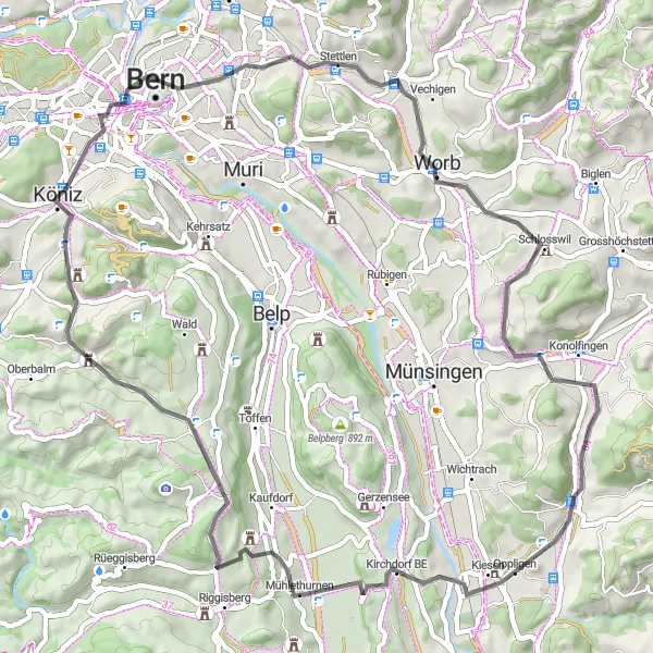 Miniaturekort af cykelinspirationen "Rolige Landsbyer og Naturskønne Ruter" i Espace Mittelland, Switzerland. Genereret af Tarmacs.app cykelruteplanlægger